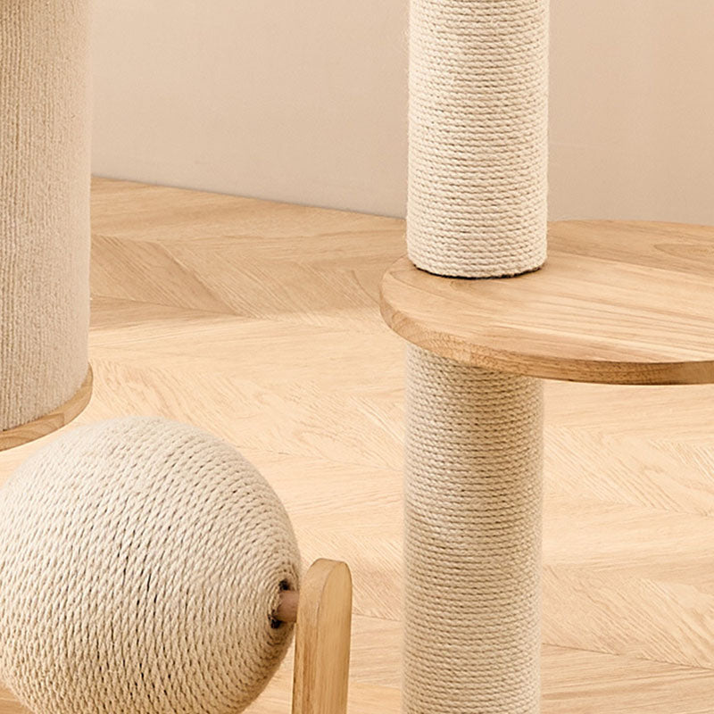 Zeitgenössischer skandinavischer runder Sisal-Mehrschicht-Vollholzpaneel-Acryl-Kratzbaum für das Wohnzimmer 