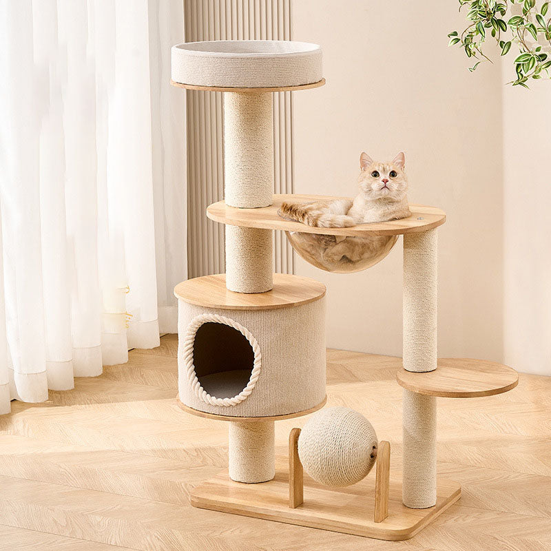 Zeitgenössischer skandinavischer runder Sisal-Mehrschicht-Vollholzpaneel-Acryl-Kratzbaum für das Wohnzimmer 