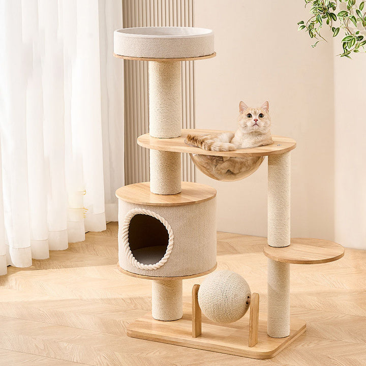 Zeitgenössischer skandinavischer runder Sisal-Mehrschicht-Vollholzpaneel-Acryl-Kratzbaum für das Wohnzimmer 
