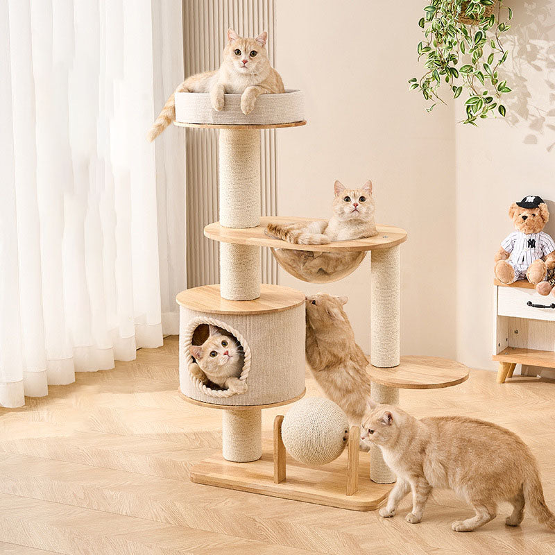 Contemporary Scandinavian Round Sisal Multi-Layer Solid Wood Panel Acrylic Cat Tree For Living Room