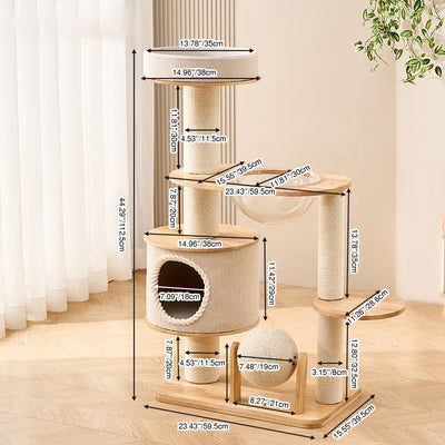 Contemporary Scandinavian Round Sisal Multi-Layer Solid Wood Panel Acrylic Cat Tree For Living Room