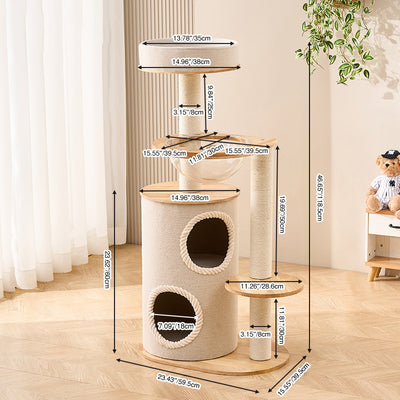 Contemporary Scandinavian Round Sisal Multi-Layer Solid Wood Panel Acrylic Cat Tree For Living Room