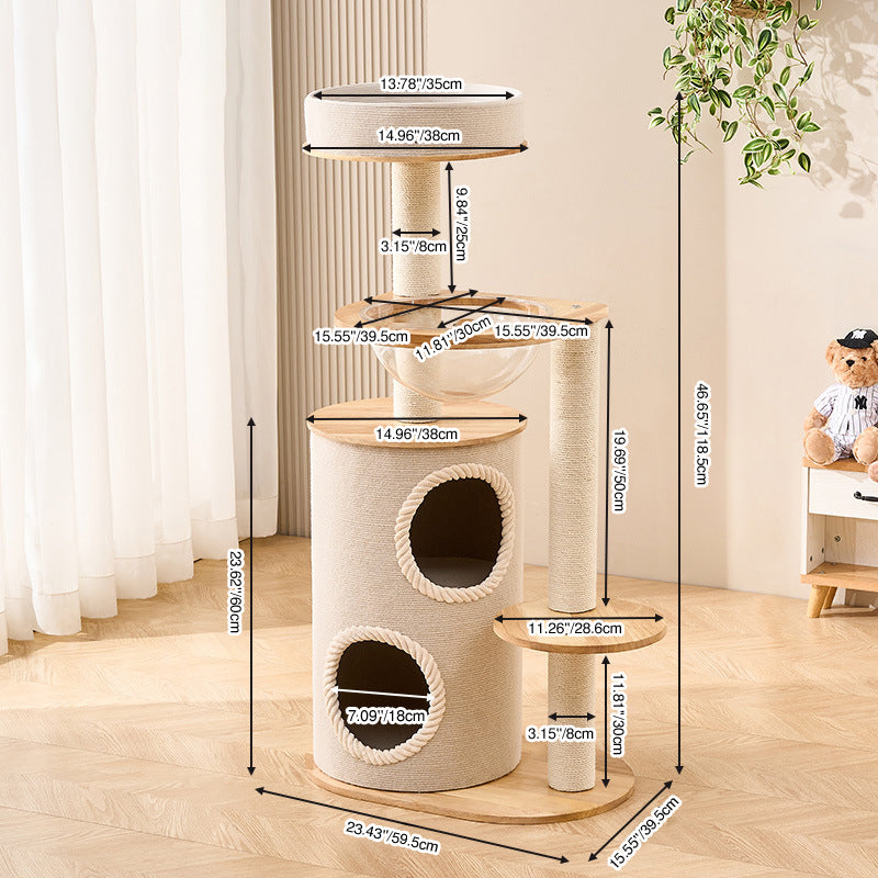 Contemporary Scandinavian Round Sisal Multi-Layer Solid Wood Panel Acrylic Cat Tree For Living Room