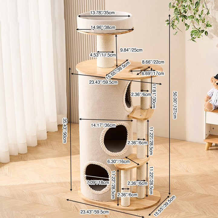 Zeitgenössischer skandinavischer runder Sisal-Mehrschicht-Vollholzpaneel-Acryl-Kratzbaum für das Wohnzimmer 