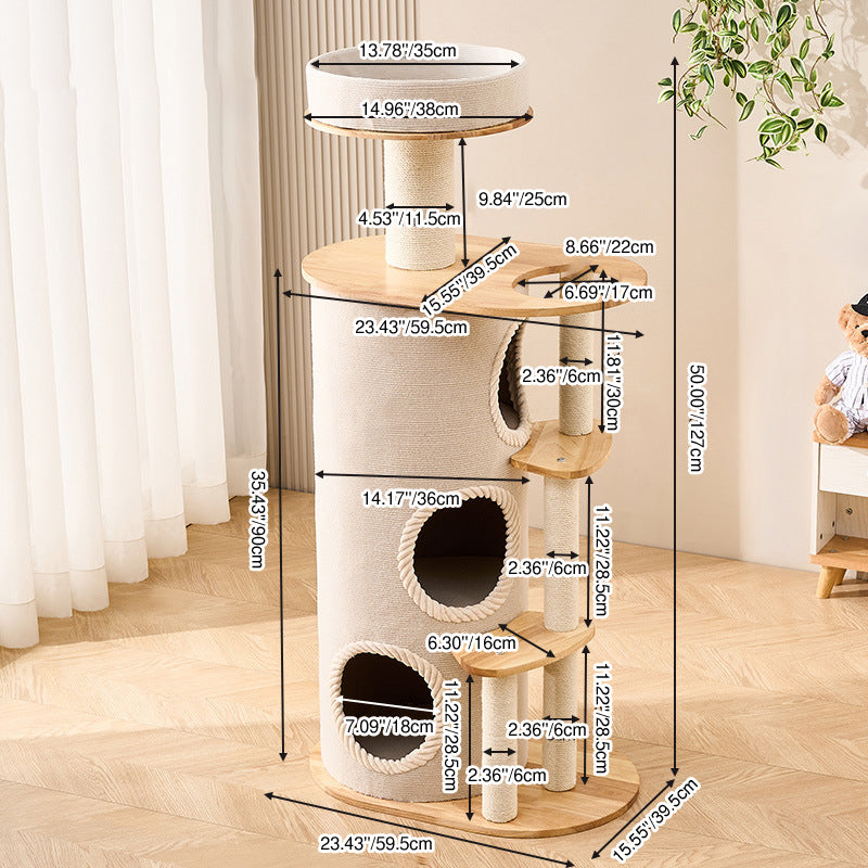 Contemporary Scandinavian Round Sisal Multi-Layer Solid Wood Panel Acrylic Cat Tree For Living Room