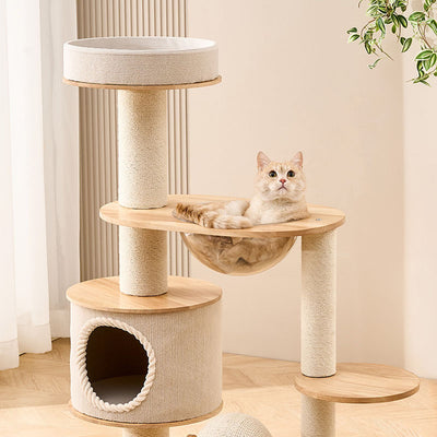 Contemporary Scandinavian Round Sisal Multi-Layer Solid Wood Panel Acrylic Cat Tree For Living Room