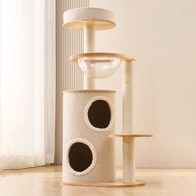 Contemporary Scandinavian Round Sisal Multi-Layer Solid Wood Panel Acrylic Cat Tree For Living Room