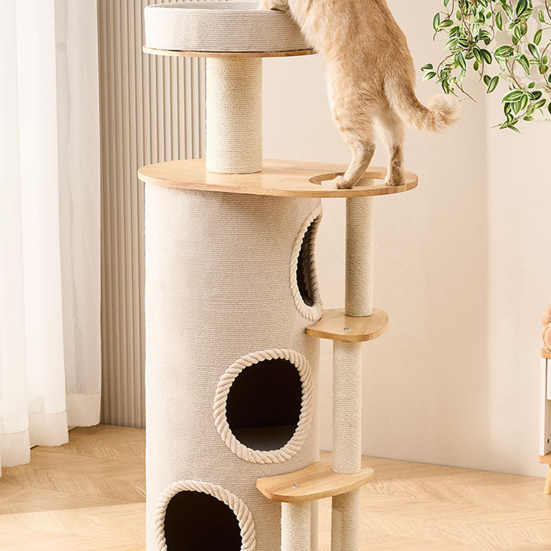 Contemporary Scandinavian Round Sisal Multi-Layer Solid Wood Panel Acrylic Cat Tree For Living Room