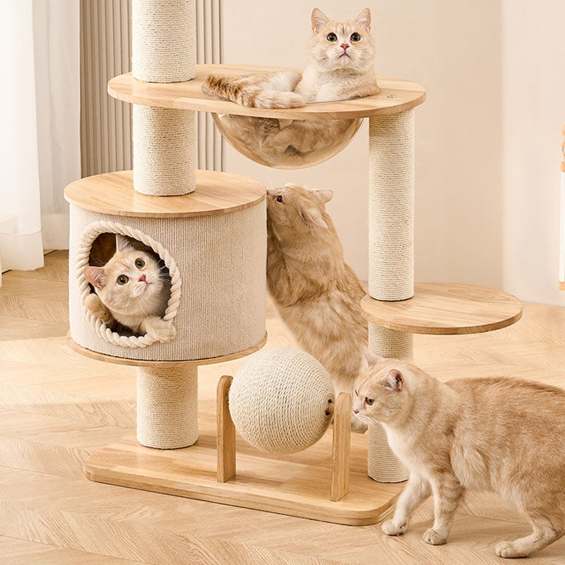 Contemporary Scandinavian Round Sisal Multi-Layer Solid Wood Panel Acrylic Cat Tree For Living Room