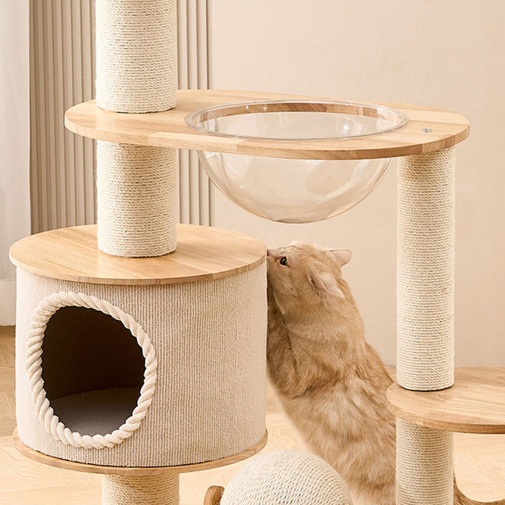 Zeitgenössischer skandinavischer runder Sisal-Mehrschicht-Vollholzpaneel-Acryl-Kratzbaum für das Wohnzimmer 