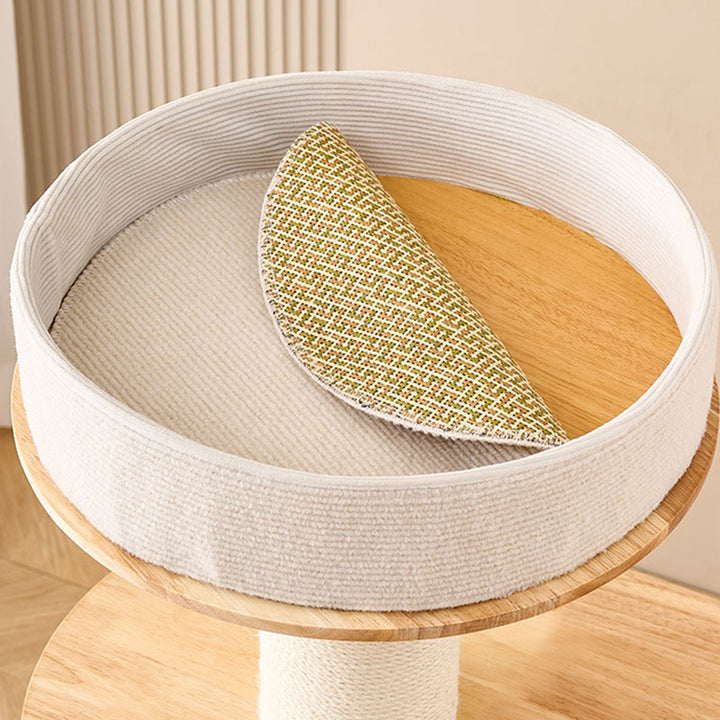 Zeitgenössischer skandinavischer runder Sisal-Mehrschicht-Vollholzpaneel-Acryl-Kratzbaum für das Wohnzimmer 