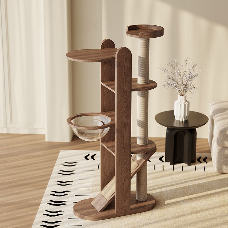 Zeitgenössischer kreativer runder Gummibaum Massivholz Acryl Sisal Katzenbaum 4-stufig für Wohnzimmer 