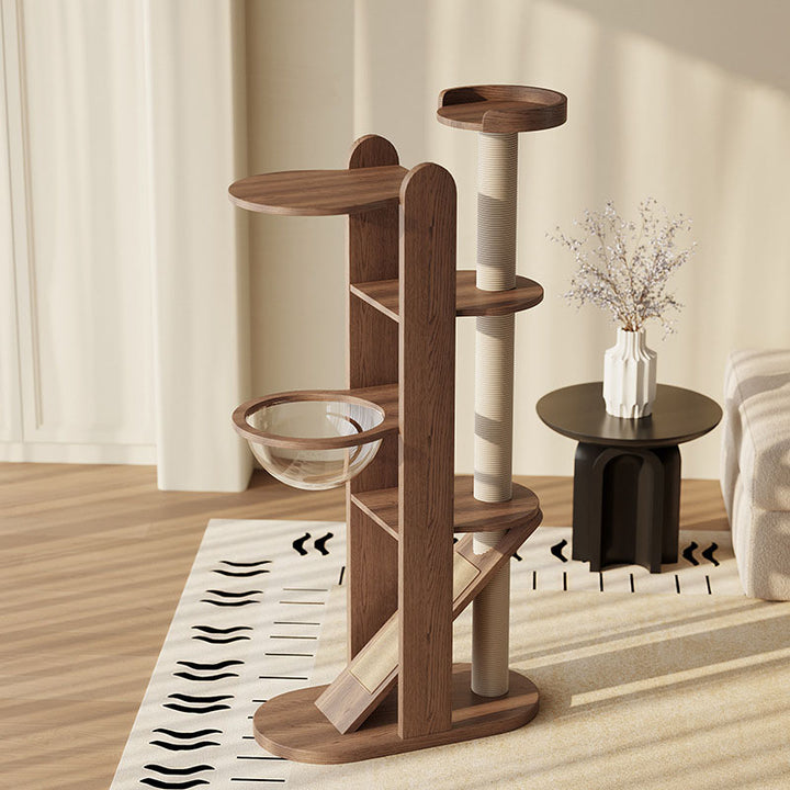 Zeitgenössischer kreativer runder Gummibaum Massivholz Acryl Sisal Katzenbaum 4-stufig für Wohnzimmer 