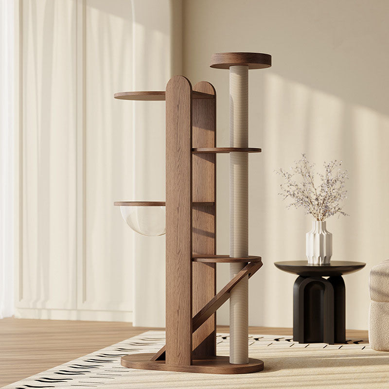 Zeitgenössischer kreativer runder Gummibaum Massivholz Acryl Sisal Katzenbaum 4-stufig für Wohnzimmer 