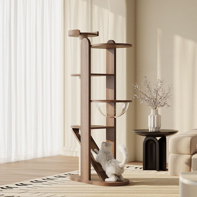 Zeitgenössischer kreativer runder Gummibaum Massivholz Acryl Sisal Katzenbaum 4-stufig für Wohnzimmer 