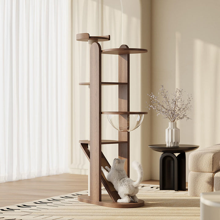 Zeitgenössischer kreativer runder Gummibaum Massivholz Acryl Sisal Katzenbaum 4-stufig für Wohnzimmer 