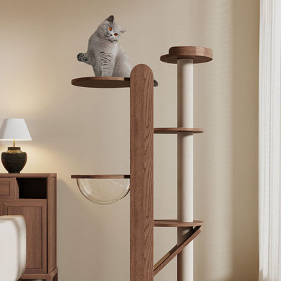 Contemporary Creative Round Rubberwood Solid Wood Acrylic Sisal Cat Tree 4-Tier For Living Room
