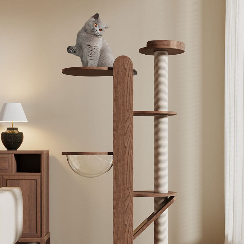 Contemporary Creative Round Rubberwood Solid Wood Acrylic Sisal Cat Tree 4-Tier For Living Room