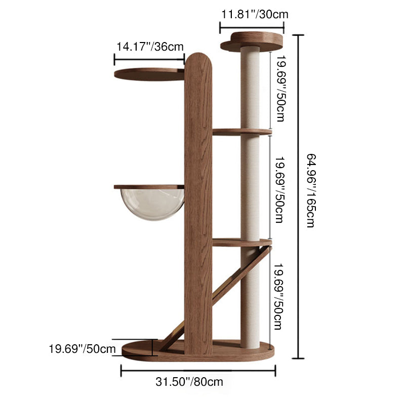 Contemporary Creative Round Rubberwood Solid Wood Acrylic Sisal Cat Tree 4-Tier For Living Room