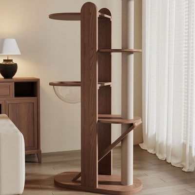 Contemporary Creative Round Rubberwood Solid Wood Acrylic Sisal Cat Tree 4-Tier For Living Room
