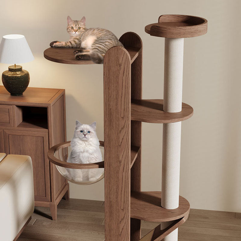 Contemporary Creative Round Rubberwood Solid Wood Acrylic Sisal Cat Tree 4-Tier For Living Room