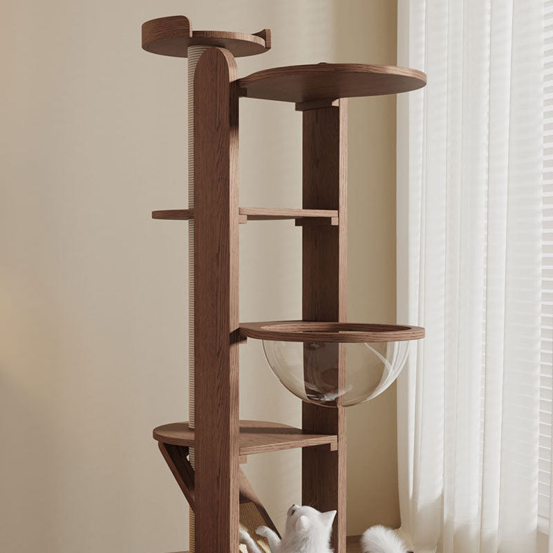 Contemporary Creative Round Rubberwood Solid Wood Acrylic Sisal Cat Tree 4-Tier For Living Room