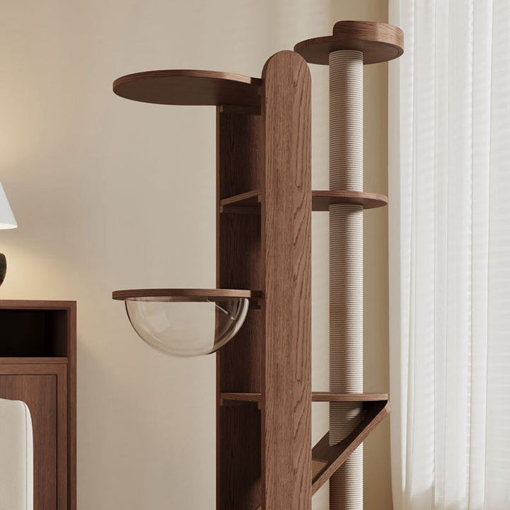 Zeitgenössischer kreativer runder Gummibaum Massivholz Acryl Sisal Katzenbaum 4-stufig für Wohnzimmer 