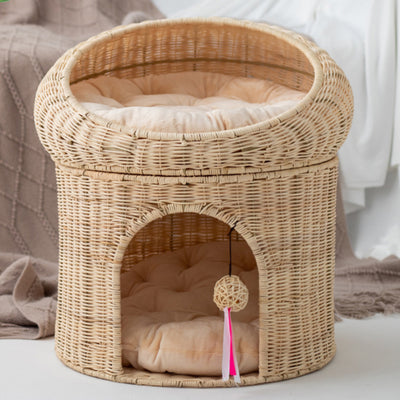 Contemporary Creative Round Fabric Rattan Raffia Grass Cat Bed 2-Tier For Bedroom