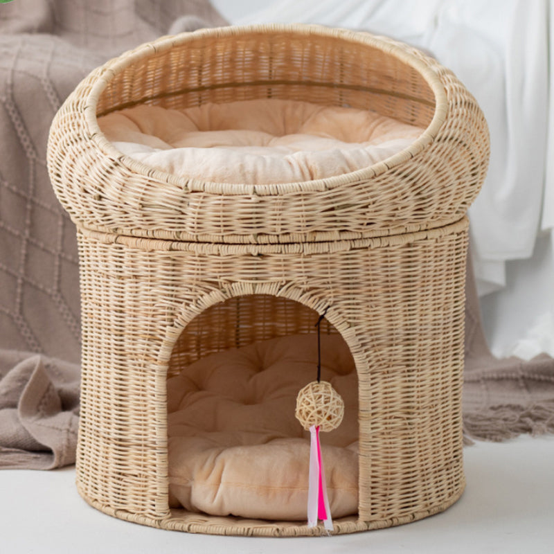 Contemporary Creative Round Fabric Rattan Raffia Grass Cat Bed 2-Tier For Bedroom