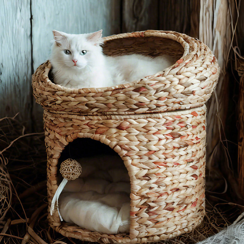 Contemporary Creative Round Fabric Rattan Raffia Grass Cat Bed 2-Tier For Bedroom