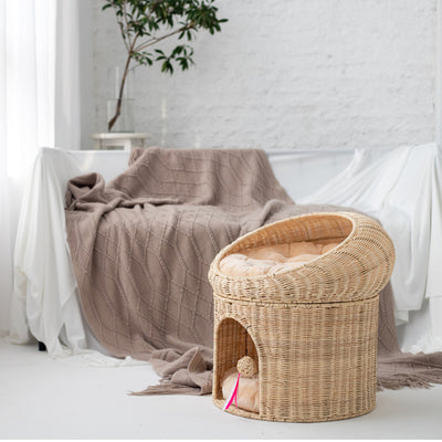 Contemporary Creative Round Fabric Rattan Raffia Grass Cat Bed 2-Tier For Bedroom