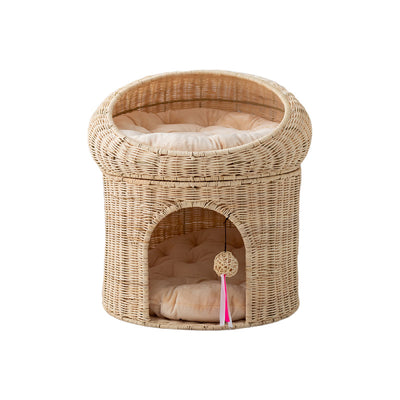 Contemporary Creative Round Fabric Rattan Raffia Grass Cat Bed 2-Tier For Bedroom