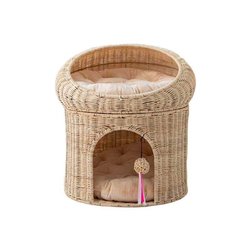Contemporary Creative Round Fabric Rattan Raffia Grass Cat Bed 2-Tier For Bedroom