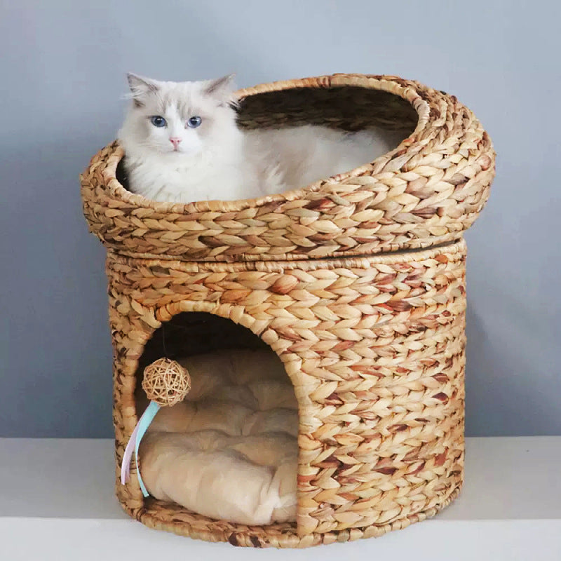 Contemporary Creative Round Fabric Rattan Raffia Grass Cat Bed 2-Tier For Bedroom
