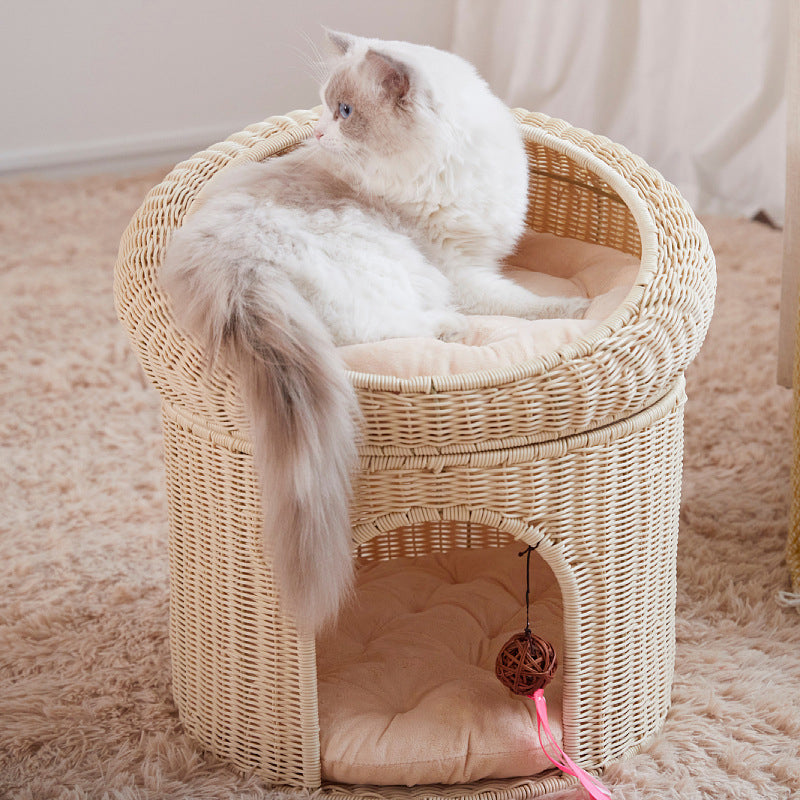 Contemporary Creative Round Fabric Rattan Raffia Grass Cat Bed 2-Tier For Bedroom