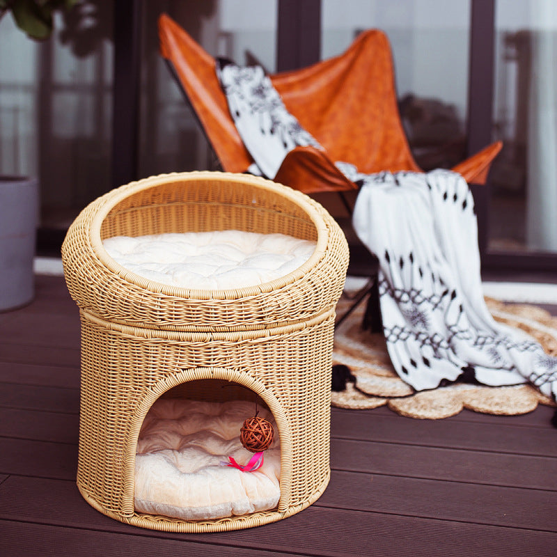 Contemporary Creative Round Fabric Rattan Raffia Grass Cat Bed 2-Tier For Bedroom