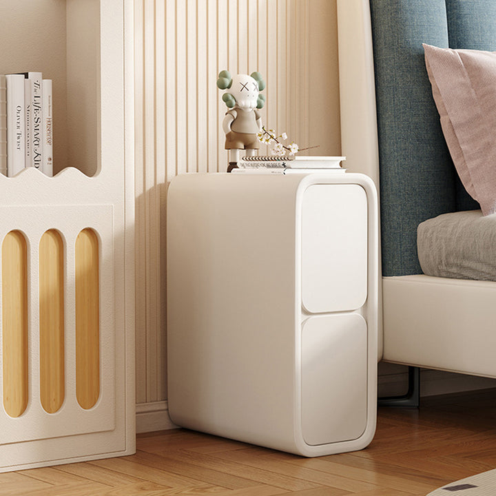 Mesita de noche rectangular escandinava contemporánea de madera de pino y cuero de microfibra con 2 cajones para dormitorio 