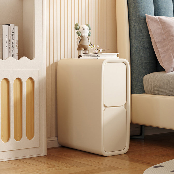 Mesita de noche rectangular escandinava contemporánea de madera de pino y cuero de microfibra con 2 cajones para dormitorio 