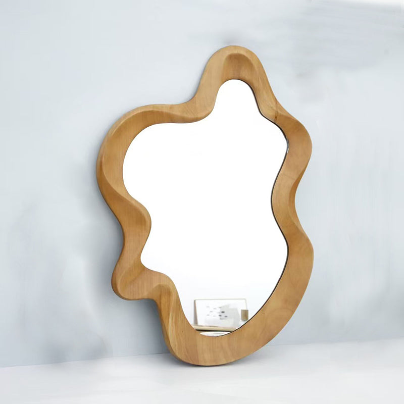Traditional French Irregular Wavy Rubberwood Solid Wood Tempered Glass Wall Mirror For Bedroom