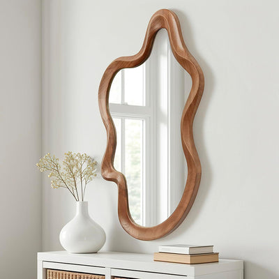 Traditional French Irregular Wavy Rubberwood Solid Wood Tempered Glass Wall Mirror For Bedroom