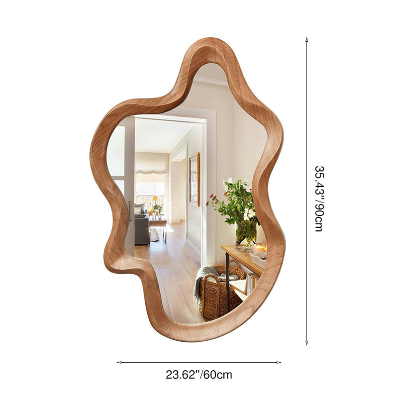 Traditional French Irregular Wavy Rubberwood Solid Wood Tempered Glass Wall Mirror For Bedroom