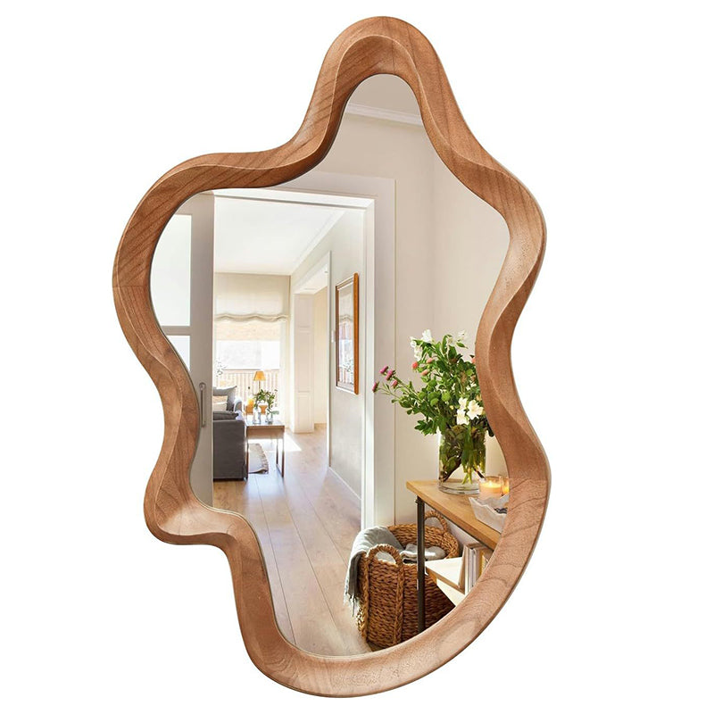 Traditional French Irregular Wavy Rubberwood Solid Wood Tempered Glass Wall Mirror For Bedroom