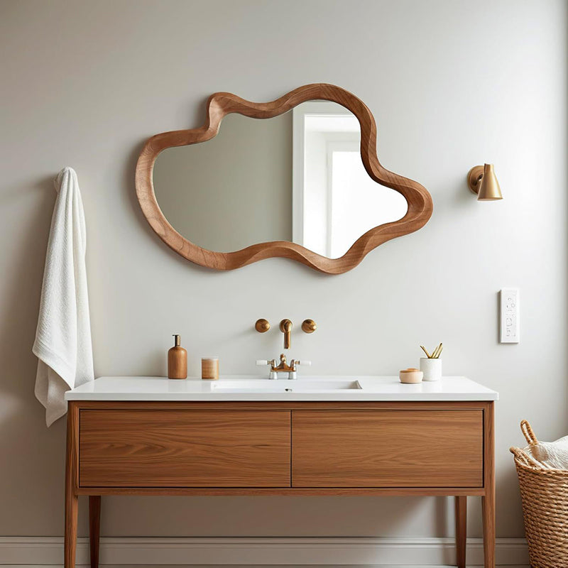 Traditional French Irregular Wavy Rubberwood Solid Wood Tempered Glass Wall Mirror For Bedroom