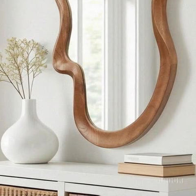 Traditional French Irregular Wavy Rubberwood Solid Wood Tempered Glass Wall Mirror For Bedroom