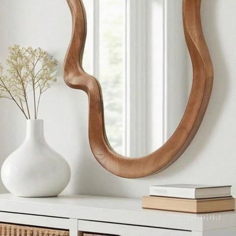Traditional French Irregular Wavy Rubberwood Solid Wood Tempered Glass Wall Mirror For Bedroom