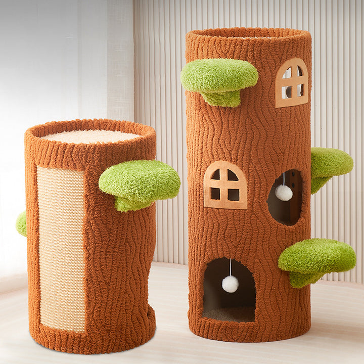 Arbre à chat contemporain créatif à panneau en forme d’arbre rond en sisal, 1/2/3 niveaux, pour salon 