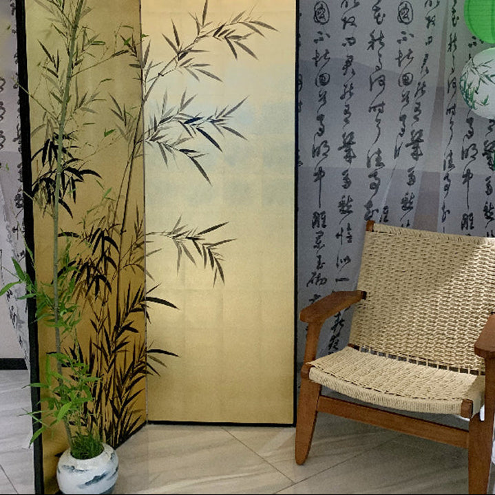 Traditional Chinese Rectangular Wood Plywood Gold Leaf Foldable Hand-Painted Room Divider For Living Room