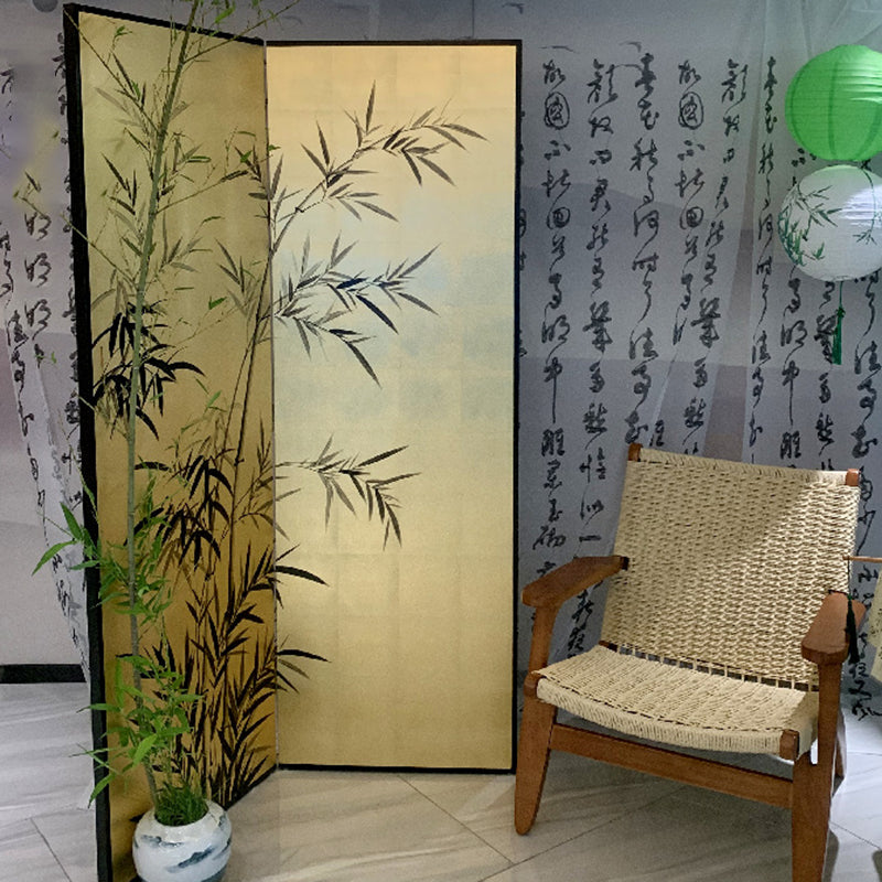 Traditional Chinese Rectangular Solid Wood Plywood Gold Leaf Foldable Hand-Painted Room Divider For Living Room