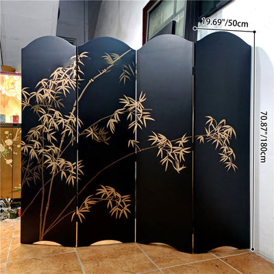 Traditional Chinese Rectangular Solid Wood Plywood Gold Leaf Foldable Hand-Painted Room Divider For Living Room