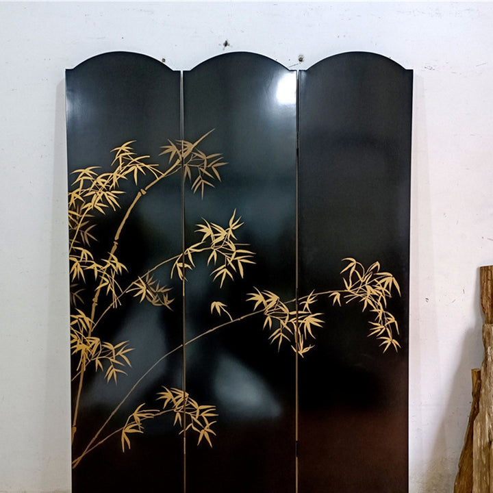 Traditional Chinese Rectangular Wood Plywood Gold Leaf Foldable Hand-Painted Room Divider For Living Room